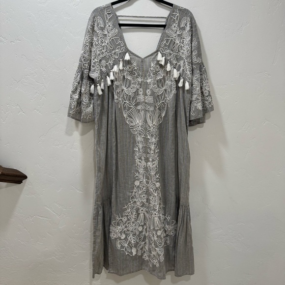 Anthropologie Maeve Tisdale Embroidered Tassel Midi Dress Women 6 Oversized Gray - Picture 5 of 16